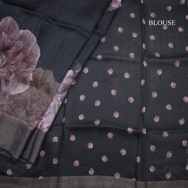Linen Black Floral Printed Saree With Zari Border