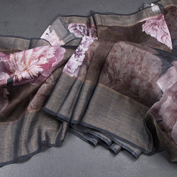 Linen Black Floral Printed Saree With Zari Border