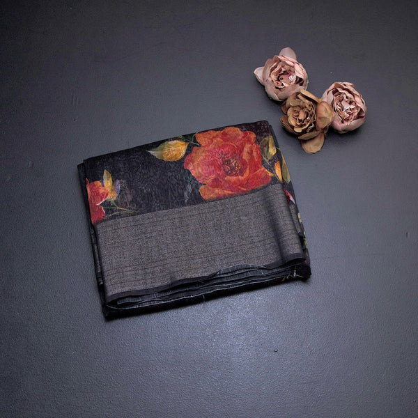 Linen Black Floral Printed Saree With Zari Border 02
