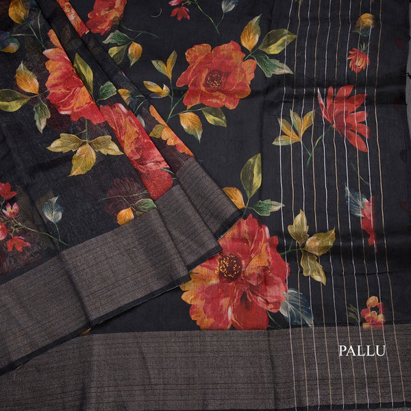 Linen Black Floral Printed Saree With Zari Border 02