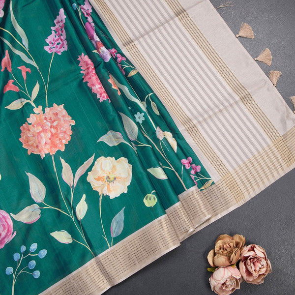 Raw Silk Dark Green Floral Printed Saree With Thread Border