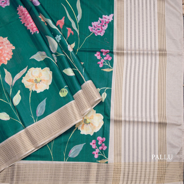 Raw Silk Dark Green Floral Printed Saree With Thread Border