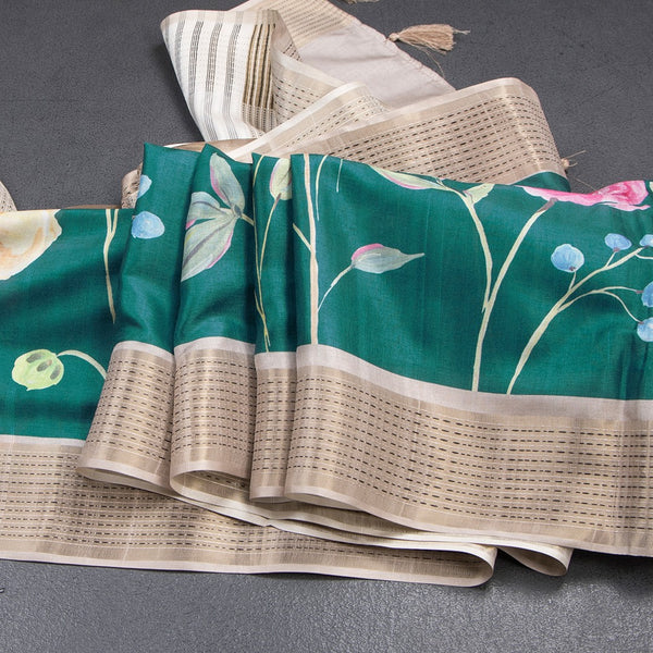 Raw Silk Dark Green Floral Printed Saree With Thread Border