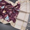 Raw Silk Wine Colour Floral Printed Saree With Thread Border