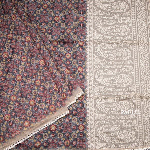 Semi Linen Grey Printed Saree 05