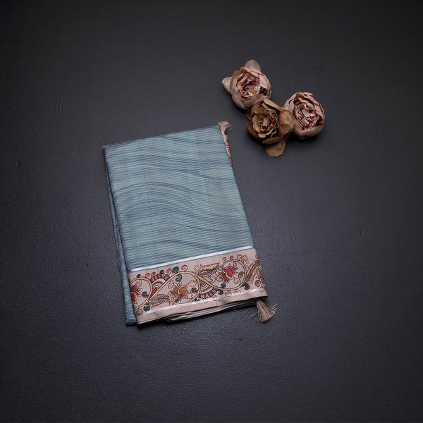 Raw Silk Greyish Blue Zari Stripes Saree With Printed Border