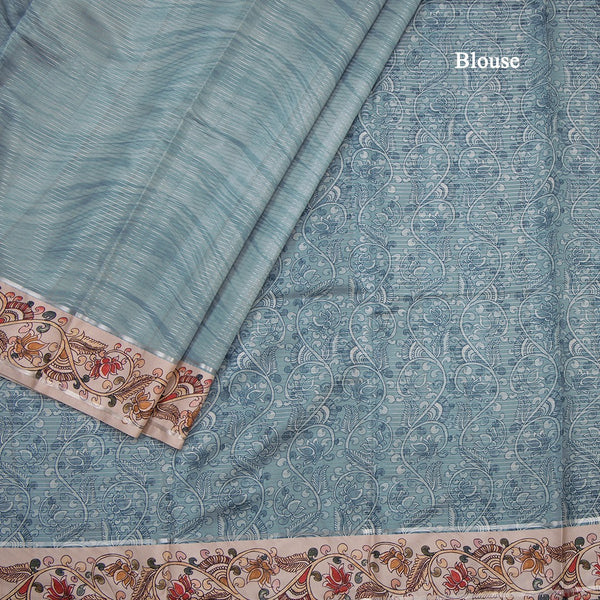 Raw Silk Greyish Blue Zari Stripes Saree With Printed Border