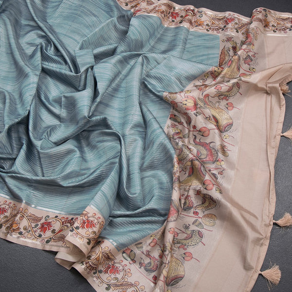 Raw Silk Greyish Blue Zari Stripes Saree With Printed Border