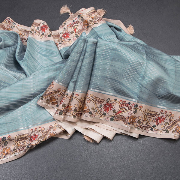 Raw Silk Greyish Blue Zari Stripes Saree With Printed Border