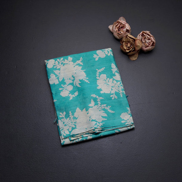 Pure Tussar Turquoise Blue Floral Printed Saree With Zari Border