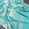 Pure Tussar Turquoise Blue Floral Printed Saree With Zari Border