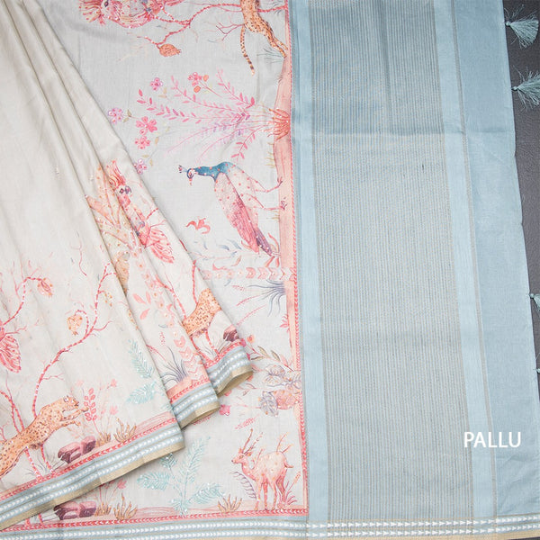 Raw Silk Cream Printed With Sequence Work Saree