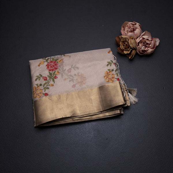 Tissue Kota Gold Thread Embroidered Saree With Zari Border