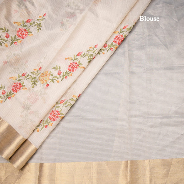 Tissue Kota Gold Thread Embroidered Saree With Zari Border