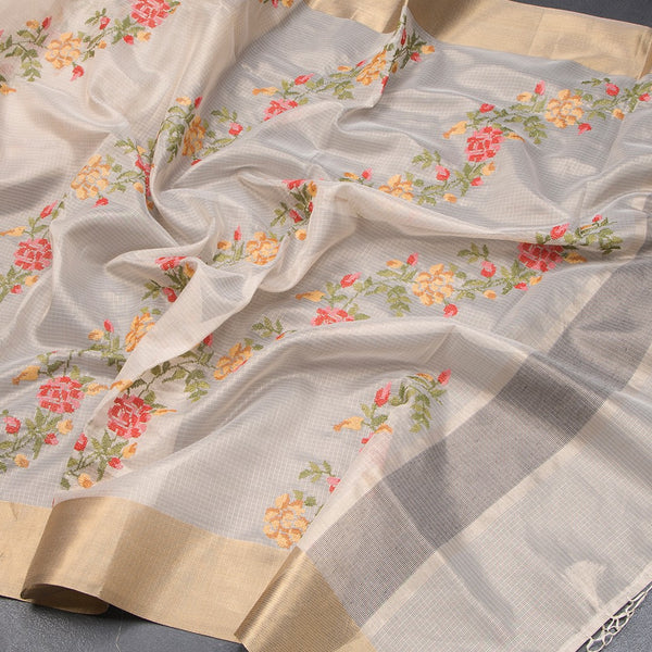 Tissue Kota Gold Thread Embroidered Saree With Zari Border