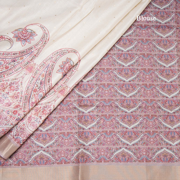 Katan Silk Cream Printed With Sequence Work Saree 03