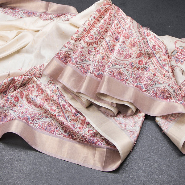 Katan Silk Cream Printed With Sequence Work Saree 03