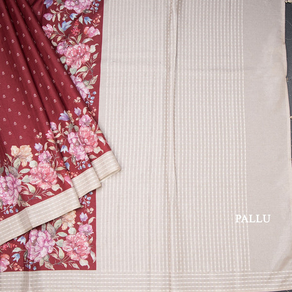 Katan Silk Maroon Floral Printed With Sequence Work Saree And Thread Border