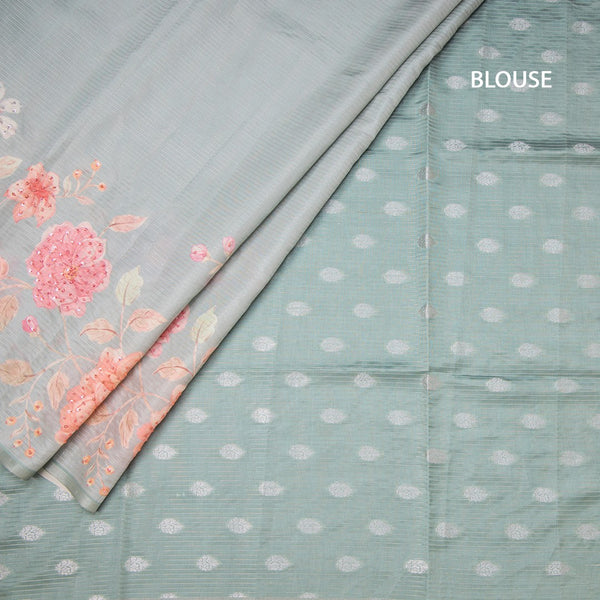 Raw Silk Pista Green Zari stripes Saree And Printed Sequence Work