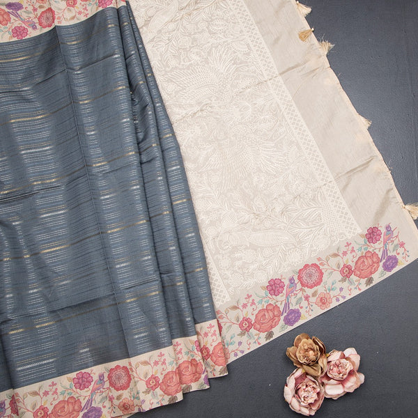 Raw Silk Dark Grey Zari Stripes Saree With Printed Border