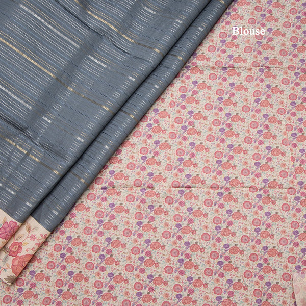 Raw Silk Dark Grey Zari Stripes Saree With Printed Border