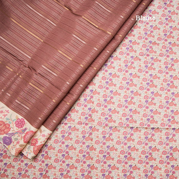 Raw Silk Cinnamon Brown Zari Stripes Saree With Printed Border