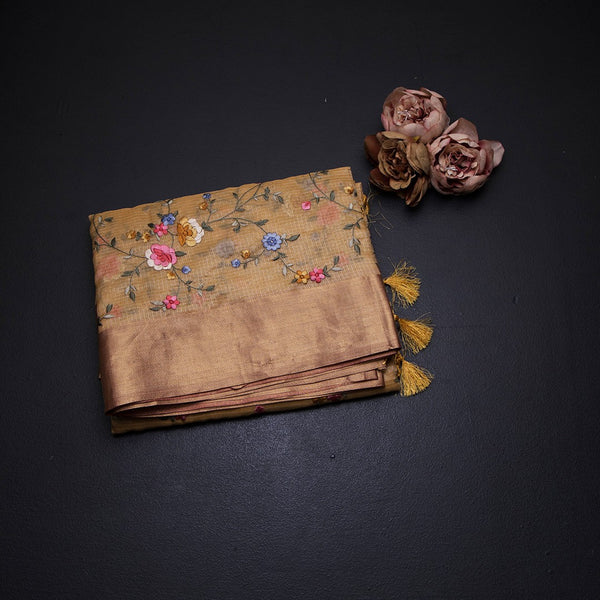 Tissue Kota Yellow Thread Embroidered Saree With Zari Border