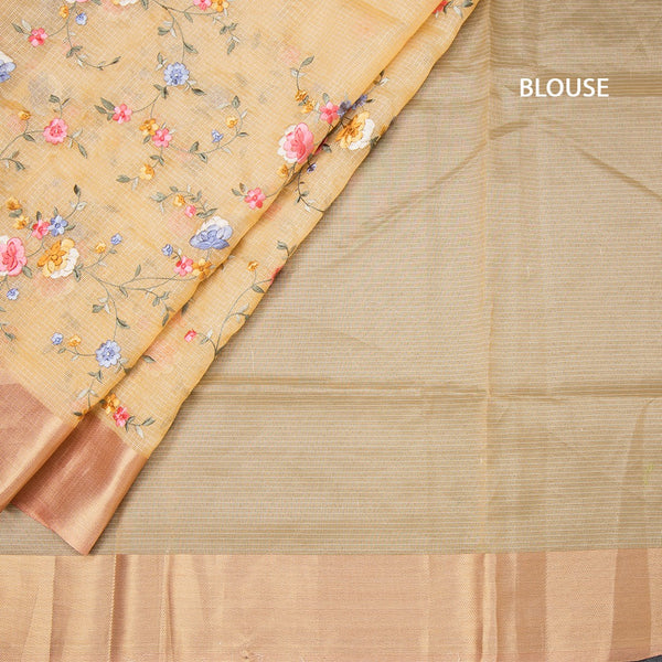 Tissue Kota Yellow Thread Embroidered Saree With Zari Border