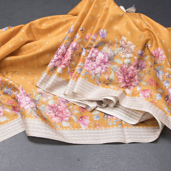 Katan Silk Mango Yellow Floral Printed With Sequence Work Saree And Thread Border