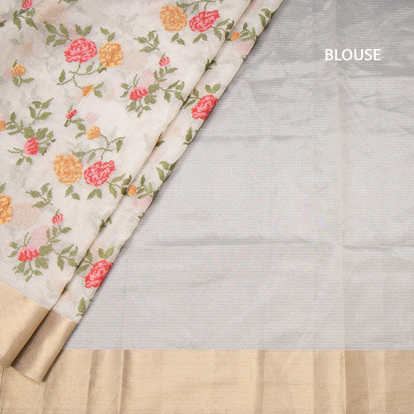 Tissue Kota Cream Thread Embroidered Saree With Zari Border