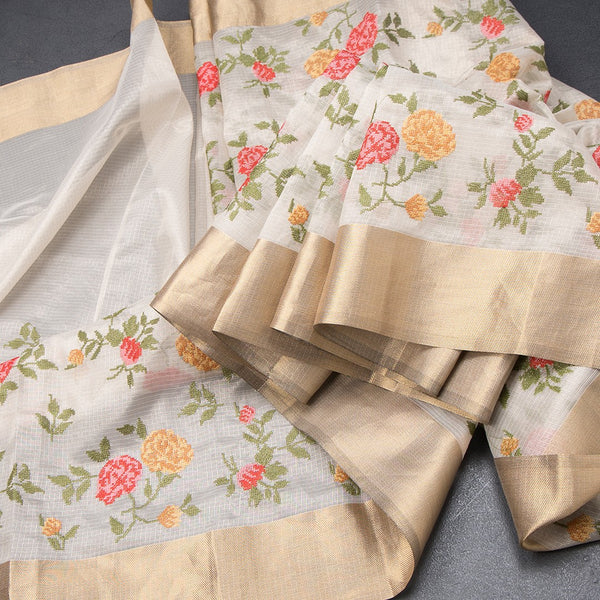 Tissue Kota Cream Thread Embroidered Saree With Zari Border