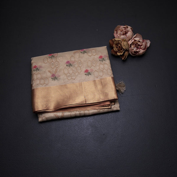 Tissue Kota Cream Thread Embroidered Saree With Zari Border 02