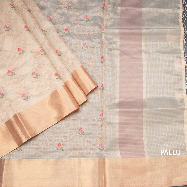 Tissue Kota Cream Thread Embroidered Saree With Zari Border 02