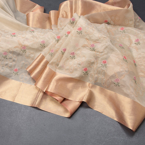 Tissue Kota Cream Thread Embroidered Saree With Zari Border 02