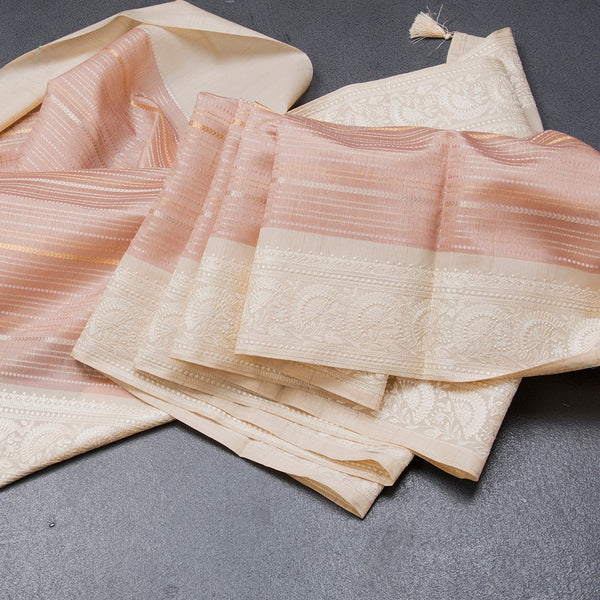 Raw Silk Baby Pink Zari Stripes Saree With Printed Border