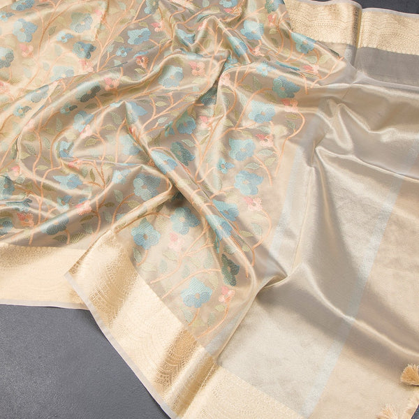 Tissue Gold Floral Thread Embroidered With Zari Border