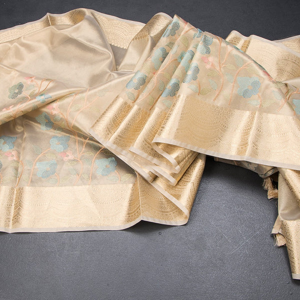 Tissue Gold Floral Thread Embroidered With Zari Border