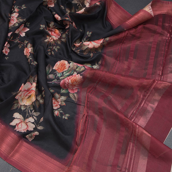 Semi Linen Black Floral Printed Saree With Zari Border