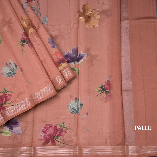 Semi Raw Silk Light Brick Red Floral Printed Saree With Zari Border