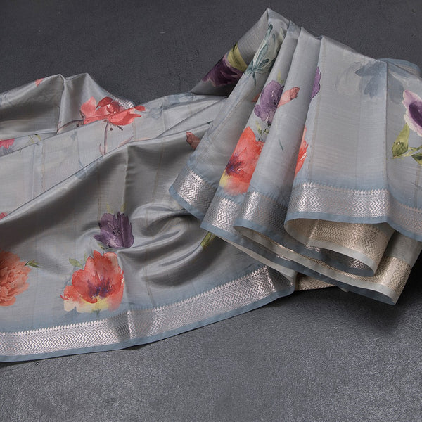 Semi Raw Silk Grey Floral Printed Saree With Zari Border