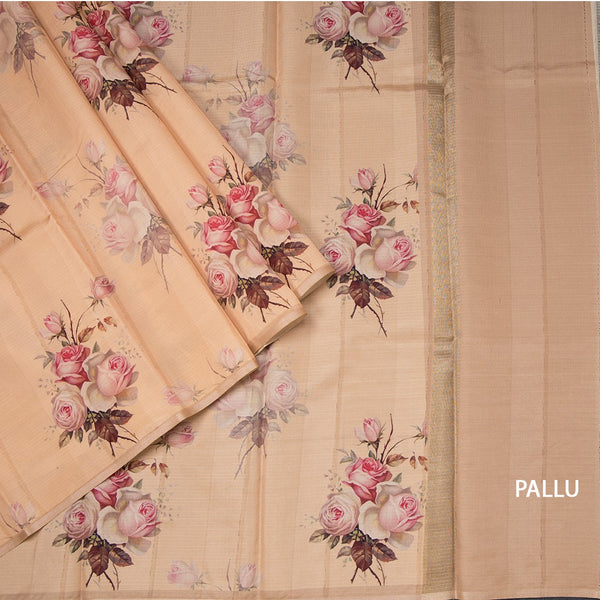 Semi Raw Silk Pastel Orange Floral Printed Borderless Saree
