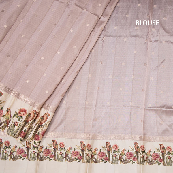 Semi Raw Silk Light Brown Saree With Zari Buttas And Printed Border