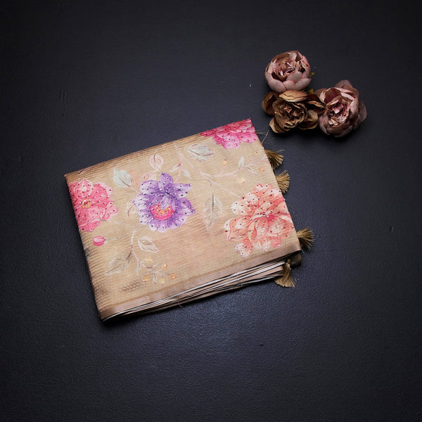 Raw Silk Sandal Zari stripes Saree And Printed Sequence Work