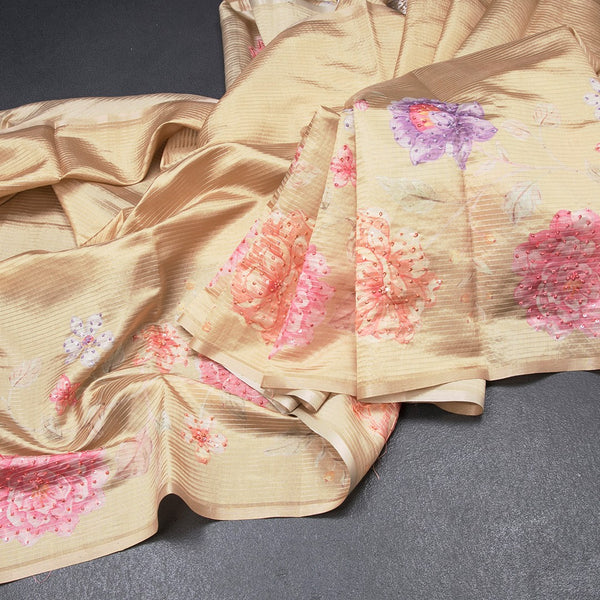 Raw Silk Sandal Zari stripes Saree And Printed Sequence Work