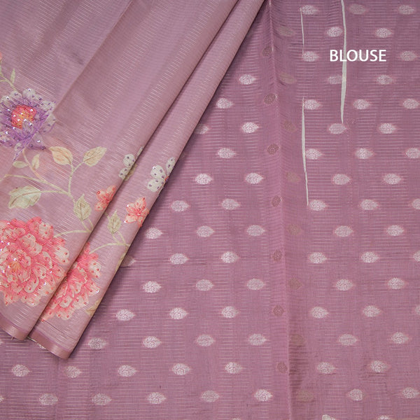 Raw Silk Onion Pink Zari stripes Saree And Printed Sequence Work