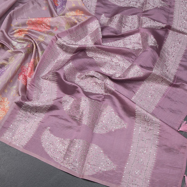 Raw Silk Onion Pink Zari stripes Saree And Printed Sequence Work