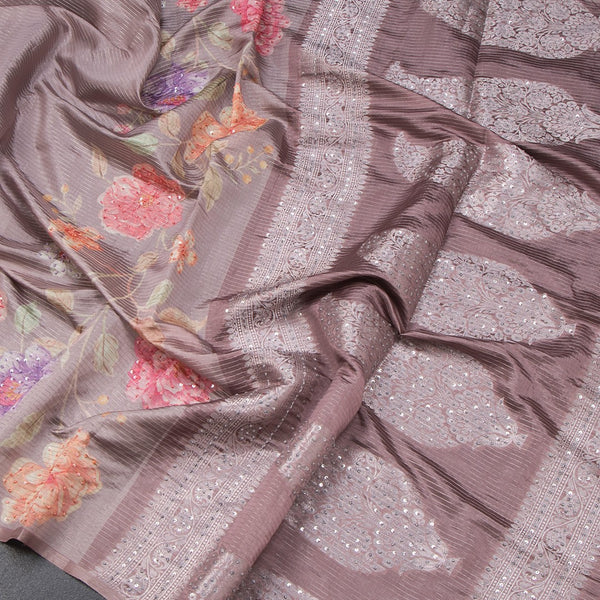 Raw Silk Brown Zari stripes Saree And Printed Sequence Work