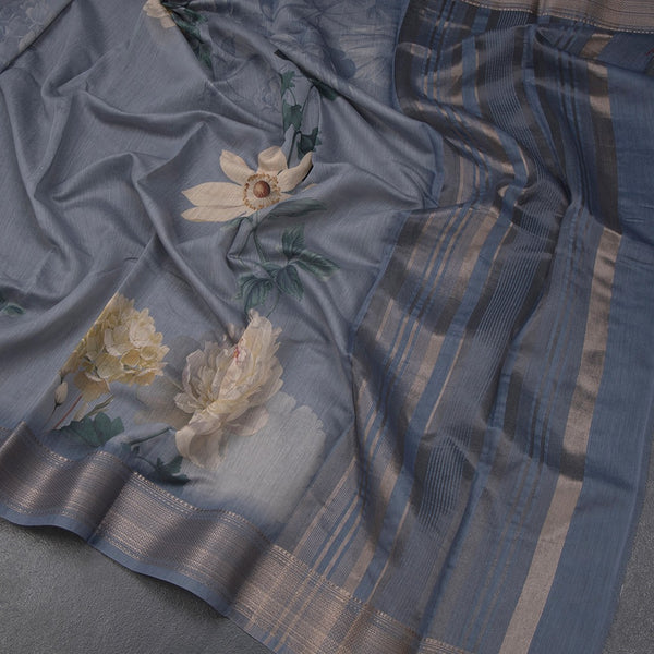 Semi Linen Greyish Blue Floral Printed Saree With Zari Border