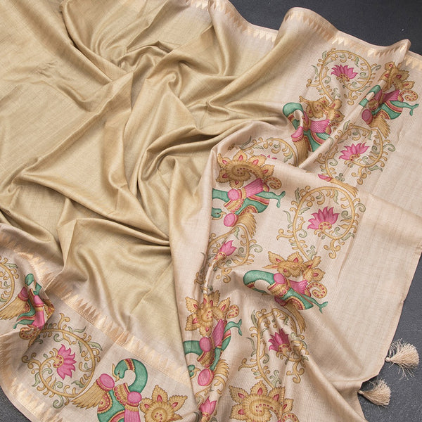 Tussar Pastel Yellow Plain Saree With Temple Border