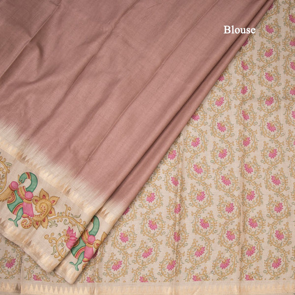 Tussar Light Brown Plain Saree With Temple Border